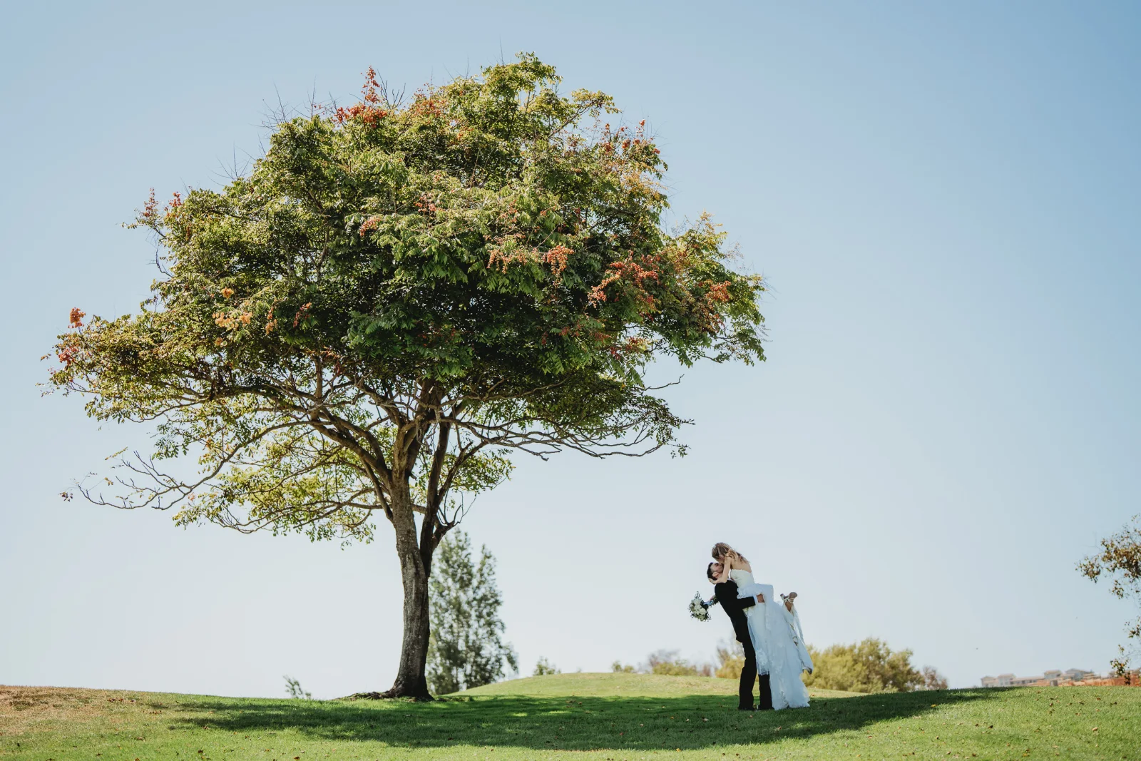 Bride and groom beneath a tree at golden hour